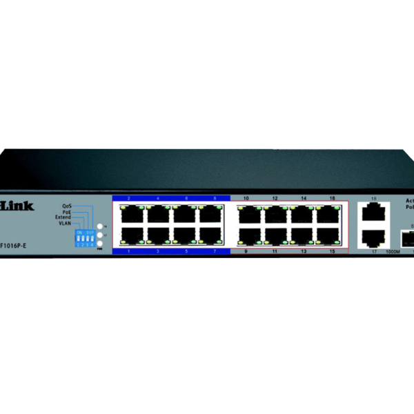D‑Link DES F1016P E 16‑Port 10/100 Long‑Range PoE+ Surveillance Switch