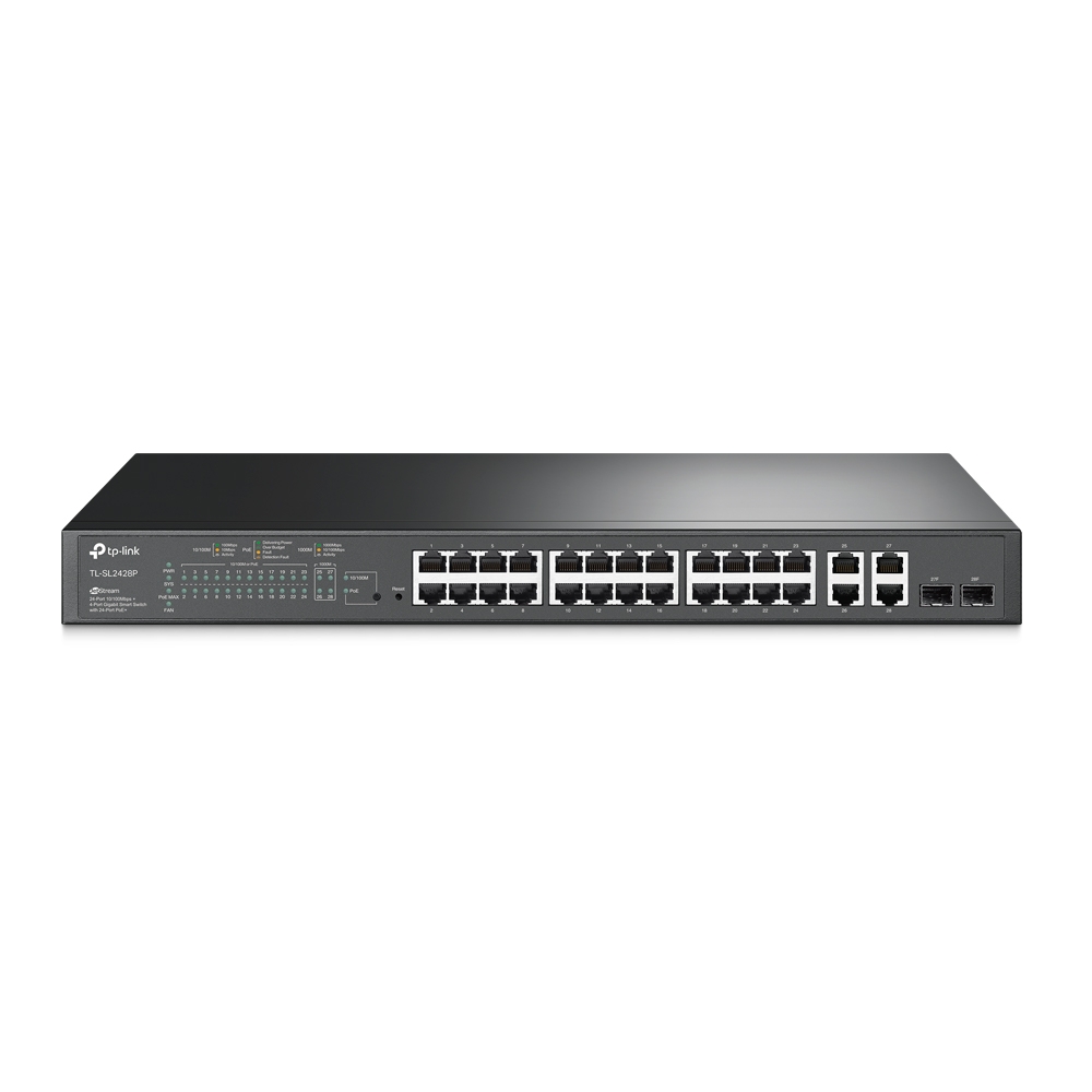TP Link JetStream 24 Port 10/100Mbps + 4 Port Gigabit Smart Switch with 24 Port PoE+ TL SL2428P